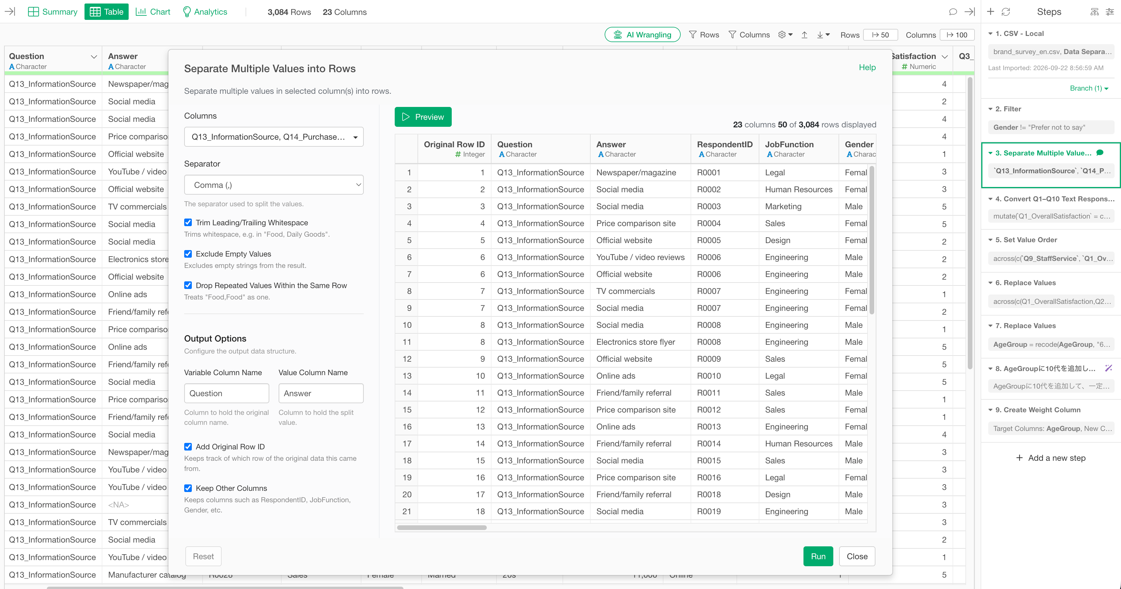 Cleaning up question names, answer choices, multiple-response questions, and respondent attributes