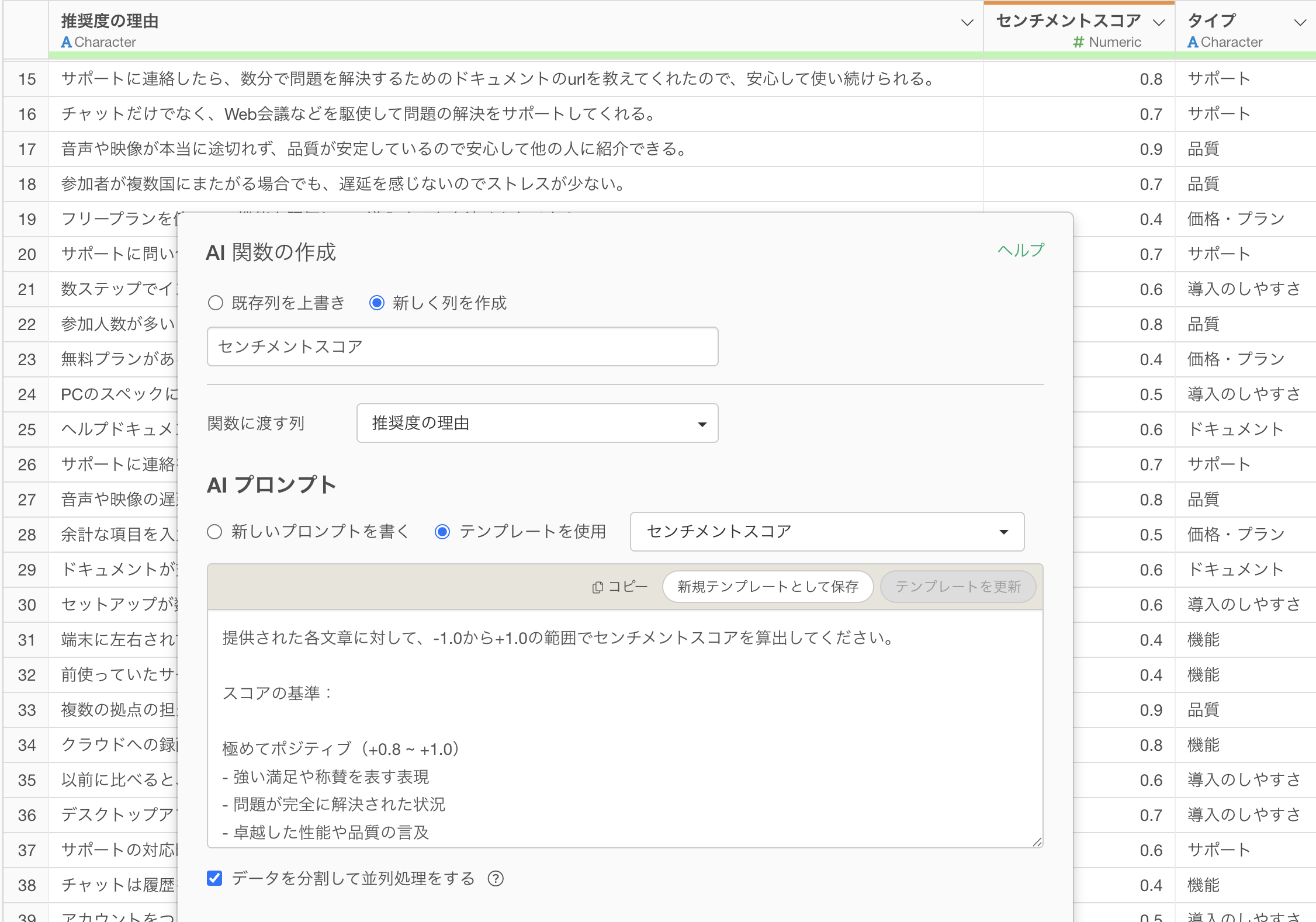 コメントを感情別に定量化する画面