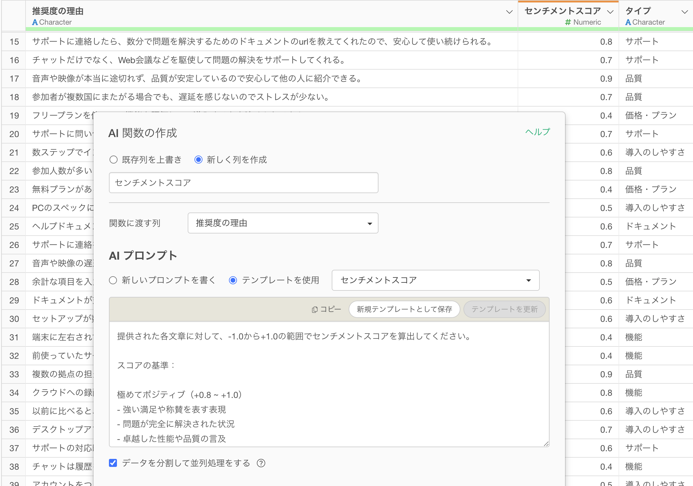 AIが自由回答を要約・分類・感情分析する画面