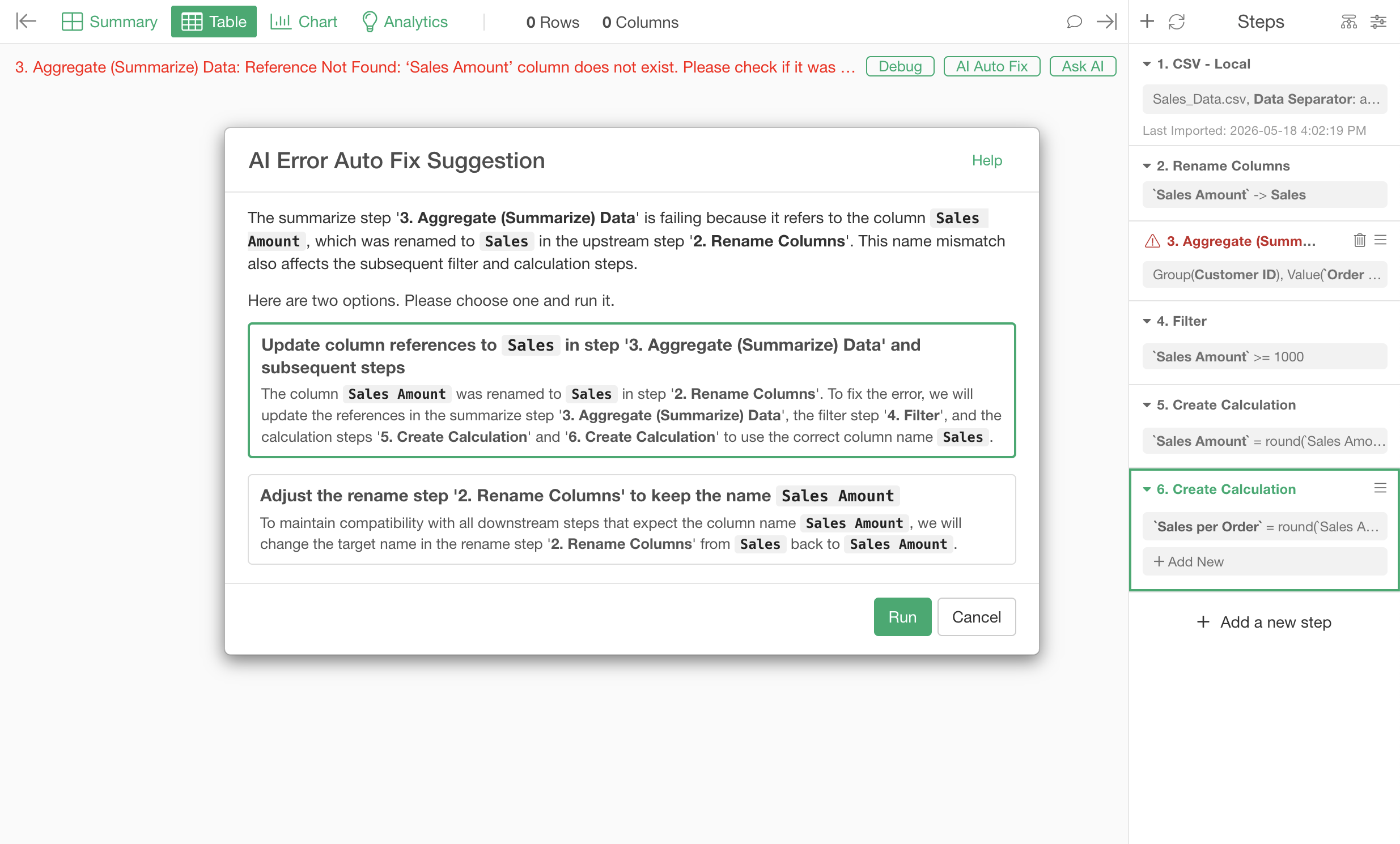 AI analyzing a data wrangling error and suggesting a fix
