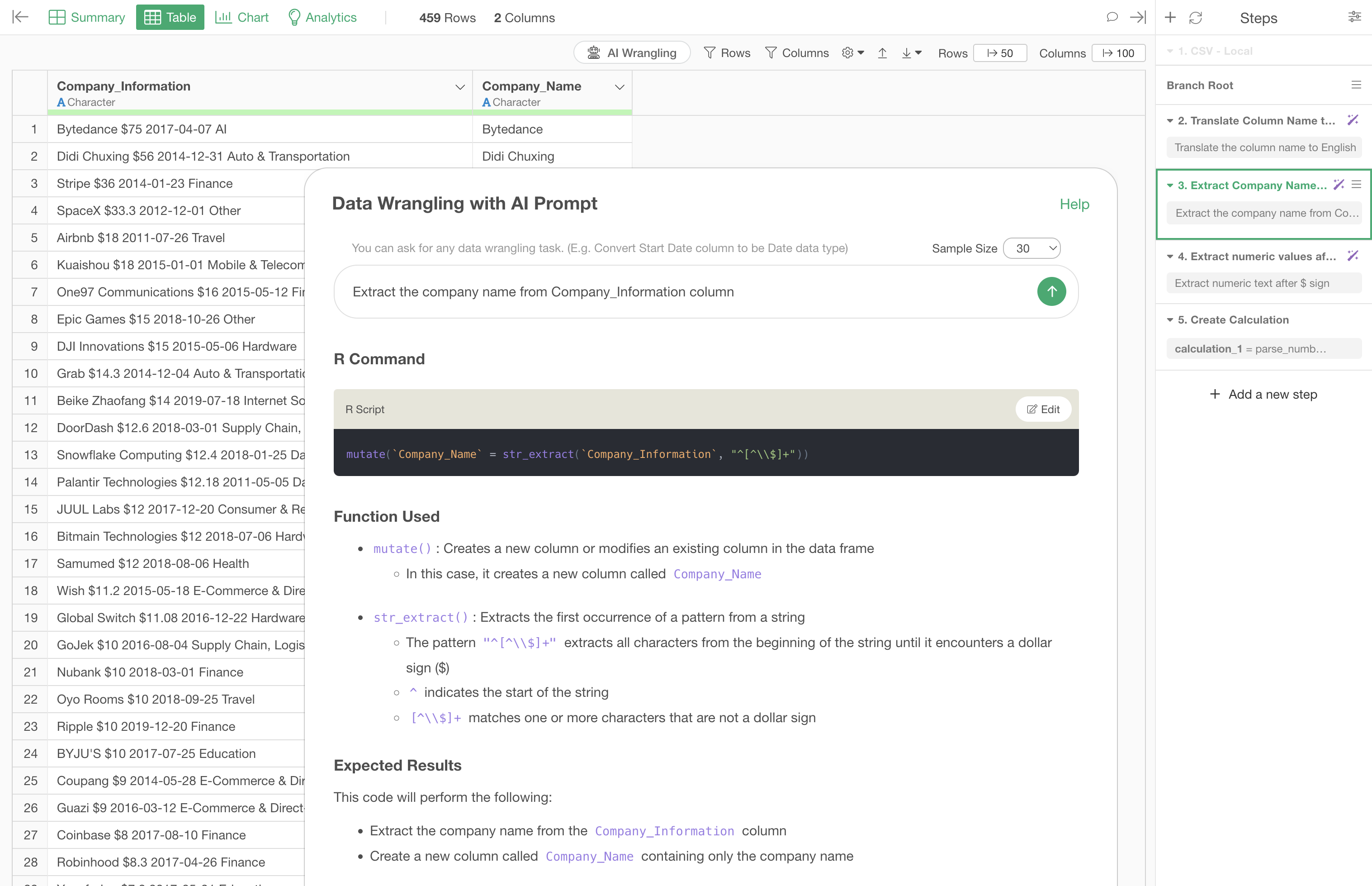 AI Data Wrangling creating a data wrangling step from an instruction