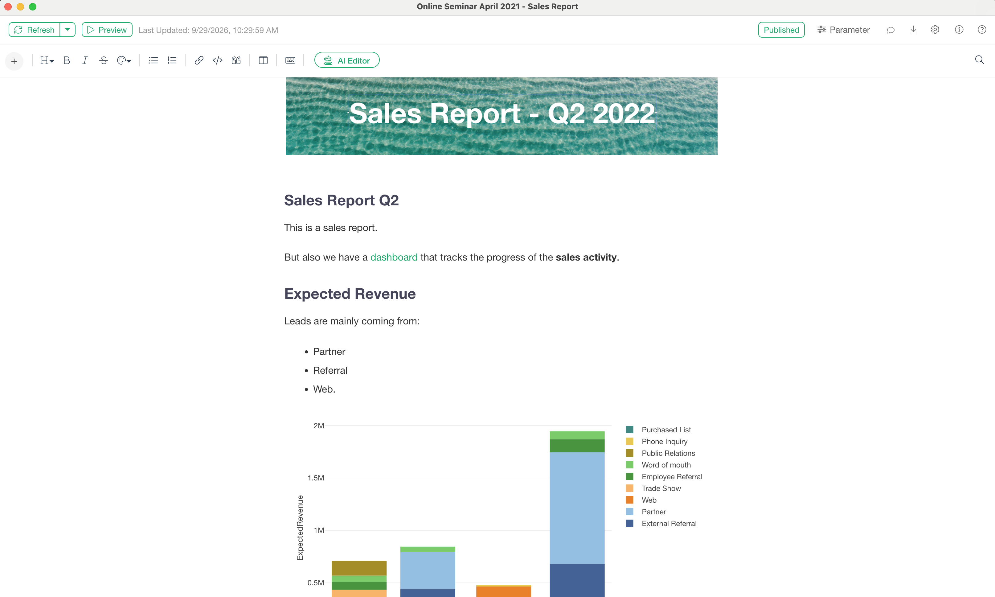 A report combining charts and text in a Note