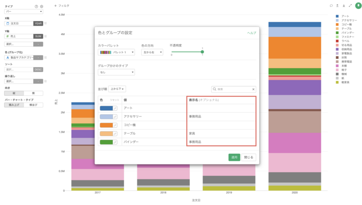 色の表示名を変更して複数のグループを一つにまとめる