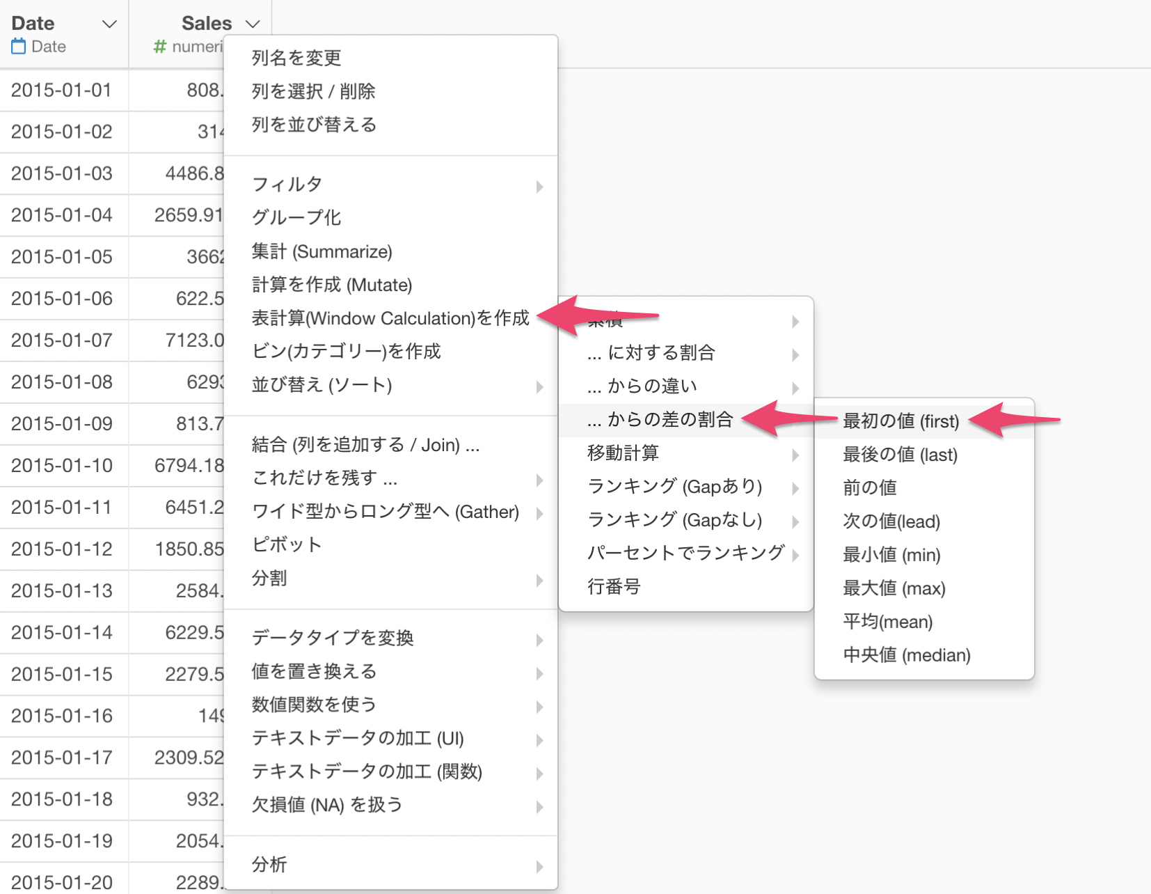 特定の日付の売上との差を割合として求めたい